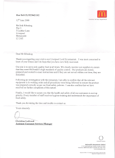 Letter from McDonalds, 13/6/08.